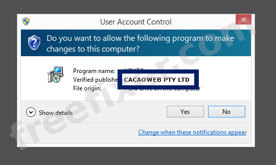 Screenshot where CACAOWEB PTY LTD appears as the verified publisher in the UAC dialog
